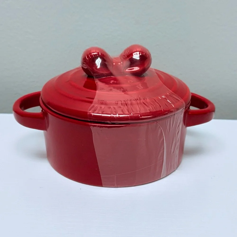 New! Mini Red Ceramic Cocotte by Makery with Bow on Lid